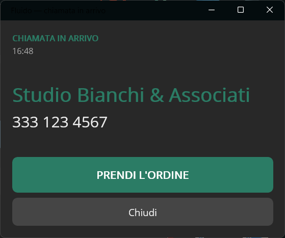 La finestra della chiamata in arrivo con il nome del cliente riconosciuto