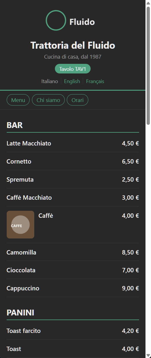 Il menu elettronico del locale visto dal telefono del cliente